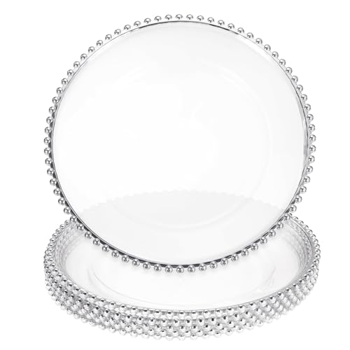 QUARKZMAN 6pz Piatti Sottopiatto Trasparenti all'Ingrosso, 13 Piatti Sottopiatto Rotondi in Plastica con Bordo Perlato per Tavola da Pranzo Decorazione per Matrimoni Feste Eventi, Argento
