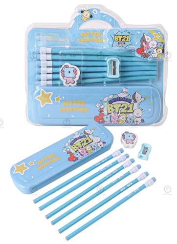 Image of SHAKTISM Beautiful Stationery Set with Pencil, Eraser, Pencil Box, Sharpener, Combo School Stationery Set for Kids - 9pcs (BTS-Blue)