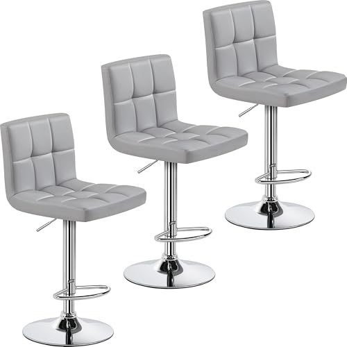 Image of Yaheetech Bar Stools Set of 3, Adjustable PU Leather Swivel Barstools, Modern Counter Stools with Back and Footrest, Counter Height Barstools for Bar, Kitchen, Dining Room, Light Grey