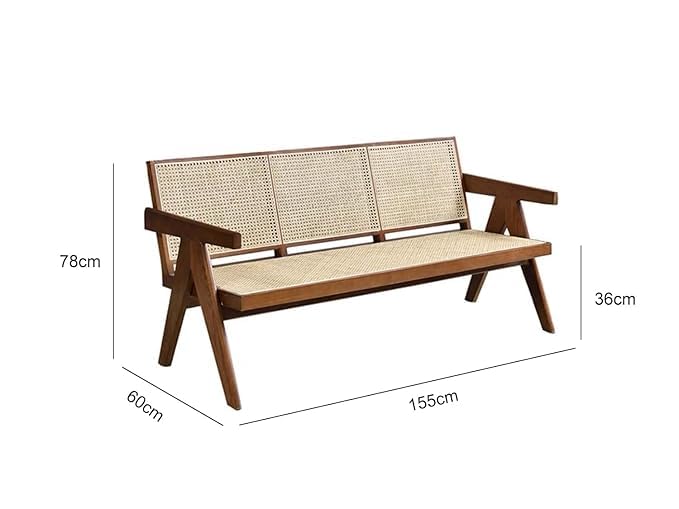 Image of Solid Wooden Brown Finish Rattan Arm Bench with Back Support Three Seater Bench for Living Room & Hall | D60 x W155 x H78 CM