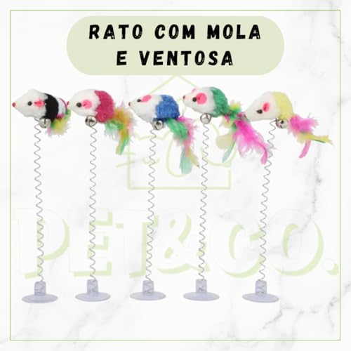 Brinquedo para Gatos com Ratinho e Penas, Varinha com Mola e Ventosa, 20 cm, Colorido