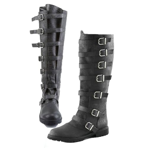 YUMALI Zapatos Medievales, Botas Clásicas Retro De Cuero Sintético Con Hebilla De Cinturón De 7 Capas, Botas De Nieve De Longitud Media Unisex Para Cosplay (Black,44)