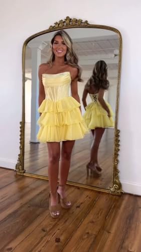 Tulle Tiered Homecoming Dresses 2025 Strapless Sequin Corset Prom Gowns Short Cocktail Dress OE164