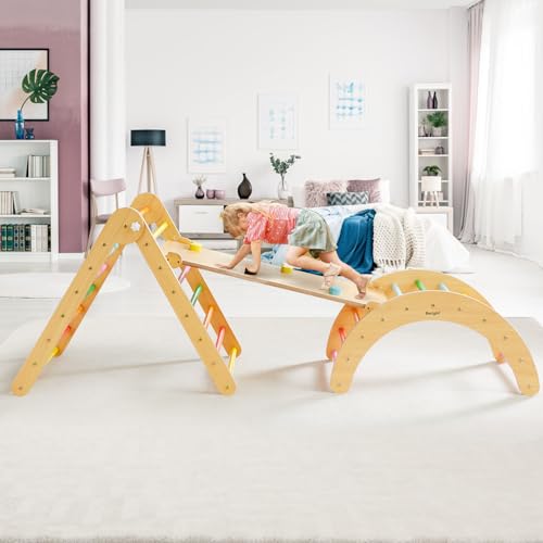 Beright 4 in 1 Pikler Triangle Set Upgraded, Foldable Toddler Climbing Toys Indoor Playground, Montessori Learning Toys, Kids Indoor Gym with with Arch, Ramp, Learning Waldorf Toy, Rainbow - Thumbnail 7