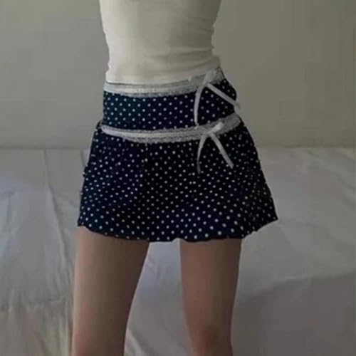Polka Dot Bow Lace Mini Bubble High Waist Cute Y2K Streetwear Summer Casual Blue Fashion Skirts3