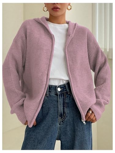 Image of SOLY HUX Zip Up Cardigan for Women Hooded Cardigan Sweater Knitted Drop Shoulder Fall Clothes Winter Hoodies Outerwear