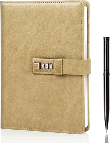 Image of Diary with Lock, A5 PU Leather Journal with lock, 240 Pages, Vintage Lock Journal with Pen & Gift Box, Lockable Diary for Women and Men, 8.6 x 5.8 Inches (Golden)