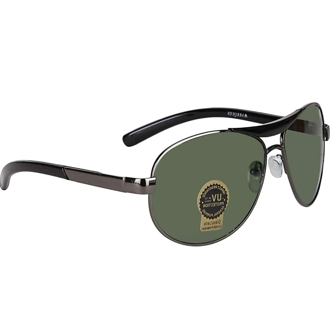 Rebel Collection Eymen I Aviator Non-Polarized Sunglasses | Greyblack Color Frame With Green Color Glass Lens, Free Size