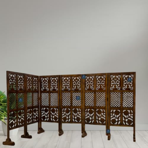 Image of Wooden Room Partition Screen with Burnt Wood Finish | Hand Buffed Traditional Handicraft Room Divider | Indoor Room Separator | Puja Room Divider (6 Panel 4 Feet with Stands)
