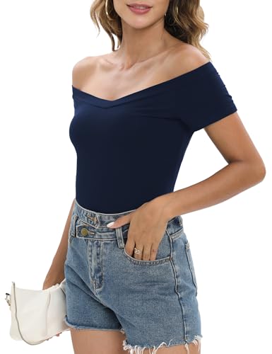 Image of Sarin Mathews Womens Shirts Off The Shoulder Tops Sexy V Neck Slim Fit Shirts Tops Blouses