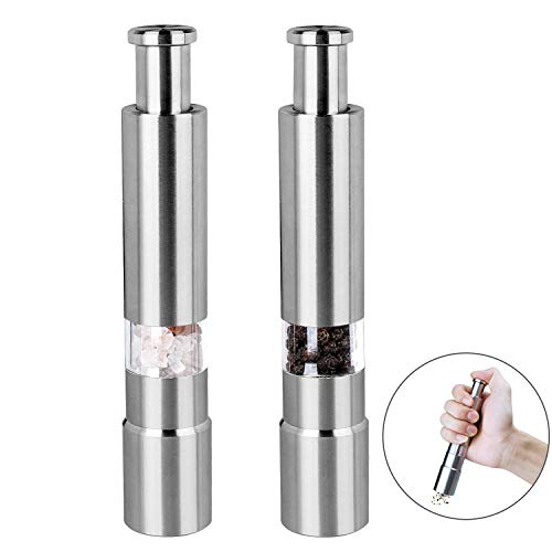Annies Stainless Steel Pepper Mills with One Hand Stands Mini Thumb Push