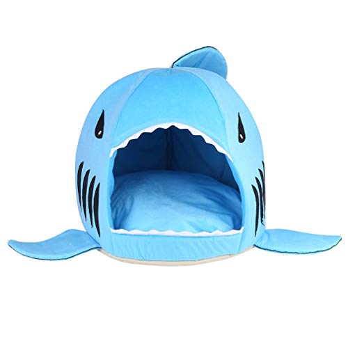 Chianrliu Waschbares Shark Pet House Cave Bett für kleine, mittelgroße Hundekatze mit abnehmbarem Kissen Blau