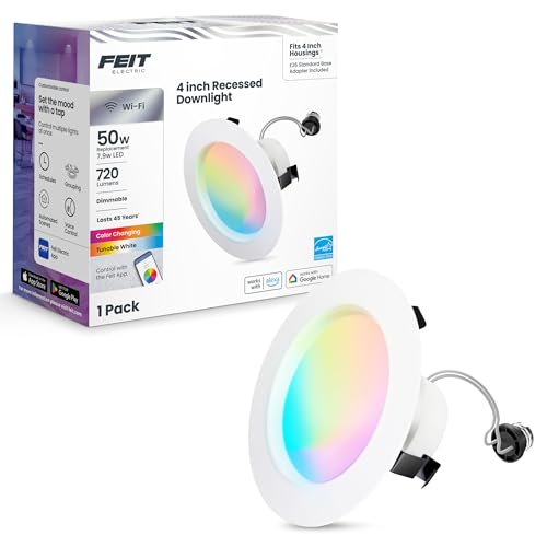 Image of Feit Electric 4 Inch Smart Recessed Light, Color Changing and Tunable White, 2.4GHz WiFi Retrofit LED Downlight E26 Base, No Hub, Works with Alexa and Google, Dimmable 50W Equi, CRI90, LEDR4 /RGBW /AG