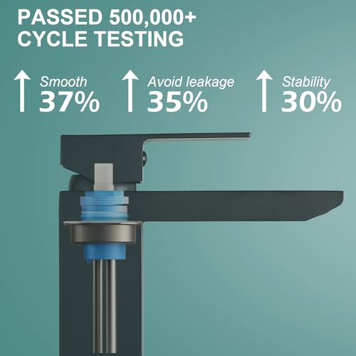 Foto de Hoimpro Grifo de baño de cascada negro mate con placa de cubierta de 6 pulgadas, grifo de lavabo de baño de acero inoxidable con drenaje emergente, grifo de tocador de RV con líneas de suministro, (imagen 5)