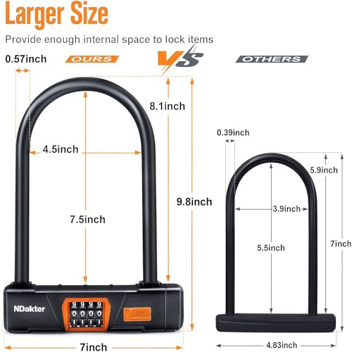 Image of NDakter Bike Locks Heavy Duty Anti Theft, Combo Bike U Lock, 4-Digit Resettable Combination Bicycle Lock, Large U Shaped Ebike Lock for Electric Bike, Escooter, Motorcycle,Door