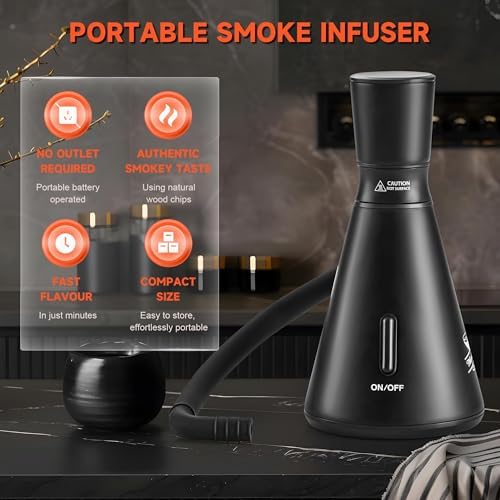Elegant Cocktail Smoker Kit - Complete Whiskey Drink Smoking Gun with 8 Flavors of Wood Chips, Dome, and Accessories, Adds Flavor to Food and Drinks, Infuser Kit for Indoor Outdoor Use (Black)