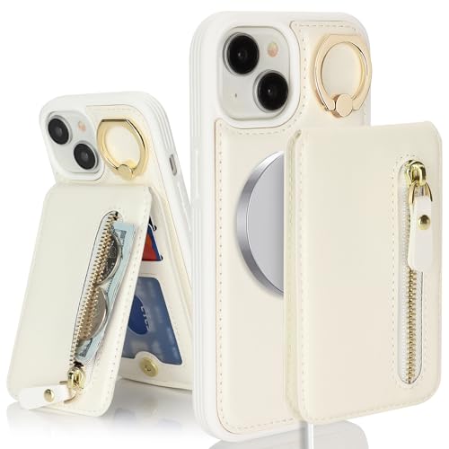 Image of iPhone 13 case with Card Holder, iPhone 13 Phone Case Wallet for Women magsafe Compatible Wallet Detachable 2-in-1 for Men-White
