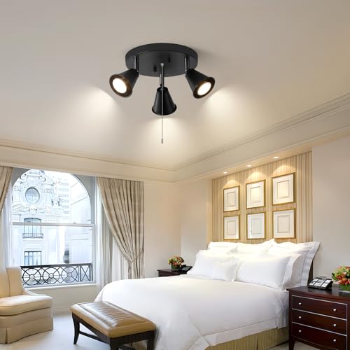 Image of 3-Light Industrial Directional Track Lighting with Pull Chain On /Off, Black Ceiling Spotlight, Morden Flush Mount Kitchen Light for Hallway,Di