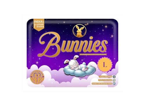 Image of Bunnies Premium All Night Absorb Pant Style Baby Diapers, Large (L) Size 9-14kg, Pack of 25 Ultra Soft Babies Diapers with Leakage Guard & Anti-Bacterial with 12 Hours Absorption