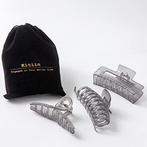 Kitiin Large Hair Claw Clips For Thick/Fine/Thin Hair,Strong Holding Teeth Interlocking Women Jaw Clips For Hair 3 Count In Set(Smoky Grey) #TOP5