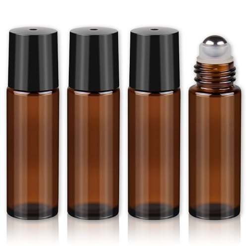 NICECONE 4Pcs 5ml Amber Glass Roller Bottles with Stainless Steel Roller Balls - Empty Essential Oil Roll-On Bottles for Aromatherapy Perfumes Lip Balms & Massage (Tea Brown 5ML)