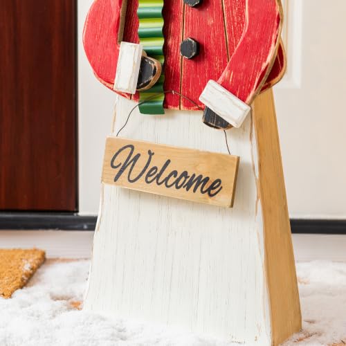 Image of Glitzhome 30 inchH Christmas Chunky Wood Snowman Porch Sign, Standing Snowman Porch Decor with Black Top Hat and Red Coat,Merry Christmas Welcome Sign for Holiday Front Porch Outdoor Decorations