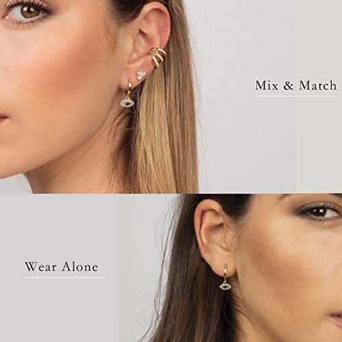 Ldurian Evil Eye Huggie Earrings, 14K Gold Plated Dangle Hoop, Small Eye Huggy For Mother's Day Gift, Women Girl, Protection Earrings With Charm, (Leverback, Brass) #TOP2