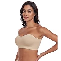Curyon Women's Non-Slip Silicone Bandeau Bra Removable Cups Wireless & 2-Way Straps Seamless Comfort Beige L