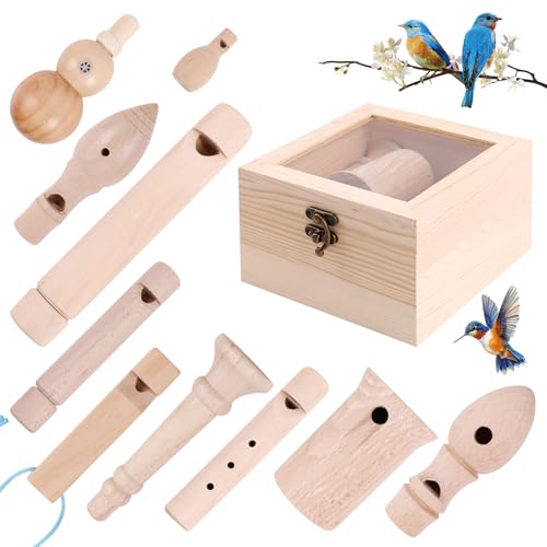 meiqidi Handcrafted 10-Piece Wooden Bird Call Game Set in Acrylic Wooden Box - Unique Gifts for Birdwatchers, Nature Lovers, Outdoor Exploration & Education