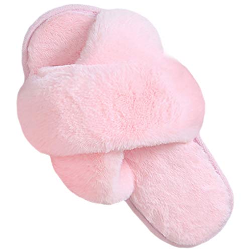 LZLER Women Fuzzy Fluffy Furry Slippers Fur Flip Flop Open Toe Slippers Cross Band Shoes Slides for Ladies House Home Indoor Outdoor(Pink 9)