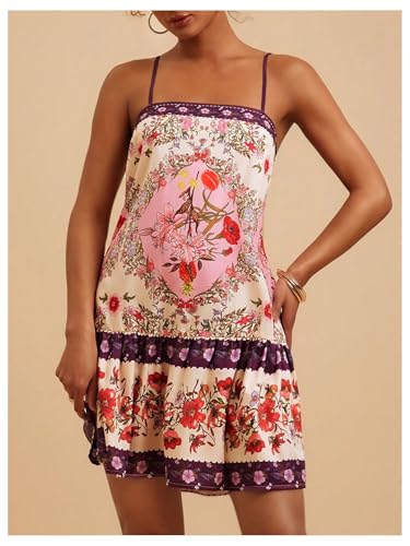 Image of RoseSeek Women's Floral Boho Flowy Mini Cami Dress Ruffle Hem Spaghetti Strap Vacation Tank Dresses