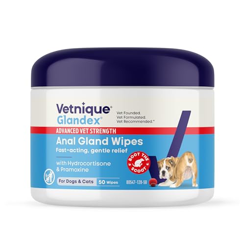 Vetnique Glandex Medicated Anal Gland Anti Itch Dog Butt Wipes Skin Relief to Soothe Scooting Itching & Inflamed Glands Hydrocortisone & Pramoxine Soft Cotton Wipes (50ct Wipes)