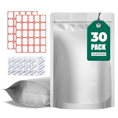1 gallon Mylar Bags for food storage 300cc oxygen absorbers labels extra thick 9.5 mil resealable stand up zipper for long term food storage herb snacks heat sealable (108)