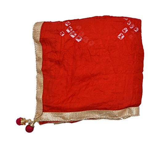 PK HUB Women’s Jaipuri Art Silk Bandhej Dupatta – Rajasthani Bandhani Multi Colour with Gota Patti Lace, 2.25m Length, Ethnic Traditional Dupatta (Red Glitter)