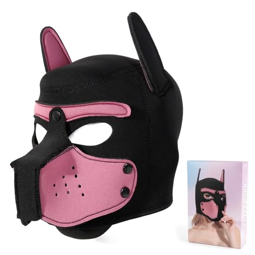 Erwachsene Neopren-Welpen-Kapuzenmaske, abnehmbare Cosplay-Hunde-Vollgesichtshaube, Welpenmaske für Halloween (Rosa)