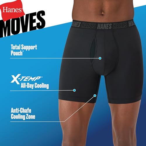 Hanes Men's Moves Performance Boxer Brief, Total Support Pouch, Regular/Trunk/Long Leg, 3-Pack, 6', Black