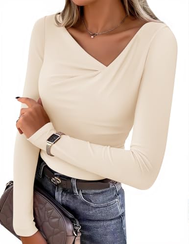 ZESICA Women's Long Sleeve Asymmetrical Neck Ruched Slim Fit Shir...