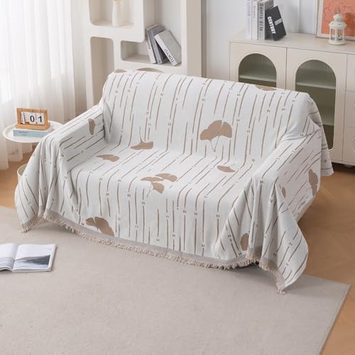 Image of HOKIPO Printed 320 GSM Chenille Sofa Cover Throw Blanket for 2 Seater Sofa - All Season, 'Serene Abode Series' Beige Ginkgo Lines (180x250 cm) (AR-6632-D2)