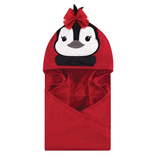 Image of Hudson Baby Unisex Baby Cotton Animal Face Hooded Towel, Red Penguin, One Size