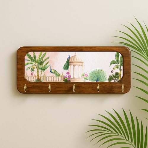 Image of Stylish Wooden Key Holder for Wall | Cute Key Holder for Home Decor | Key Holder Stand with 5 Hooks | Wall Mounted Key Hanger| (Peacock Garden Keyholder)
