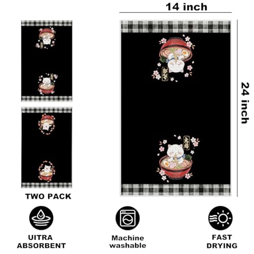 Image of 2 Pcs Funny Japanese Cat Eating Ramen Kitchen Towels 24x14 Inch, Japanese Reusable Dish Towels for Kitchen Bathroom Decor, Waffle Weave Absorbent Tea Towel, Cute Cat Lover Gifts for Women Mom Friend