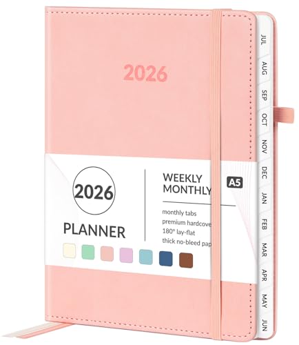 Forvencer 2026 Planner, Weekly Monthly Planners with Month Tabs, 12 Months (Jan 2026 - Dec 2026), A5(5.8'×8.3'), Daily Academic Calendar with Elastic Band, Small Hardcover Agenda, for Teacher, School