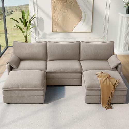 Image of Vesgantti 108 inch U Shaped Sectional Couch, Comfy Cloud Modular Sectional Sofa with 2 Ottoman Deep Seat Chenille Modern Cloud Sofa, Modular Sofas for Living Room, Bedroom and Apartment, Light Brown