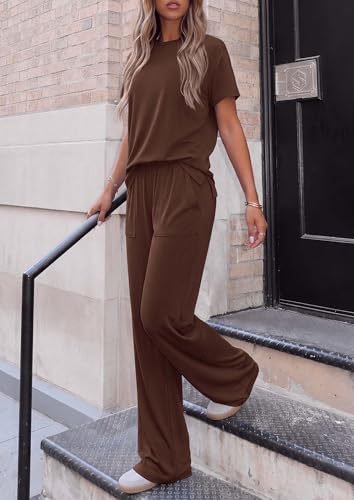 PRETTYGARDEN Women's 2026 Summer 2 Piece Matching Lounge Sets Short Sleeve Shirts Tops Wide Leg Pants Travel Airport Outfits (Brown,Large) — view 3