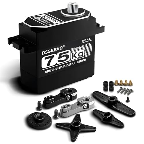 Hobby Fans 75kg RC Digital Servo with 2PCS 25T Servo Horn Full Aluminum Shell IP67 Waterproof Brushless Servo High Torque Fast Steering Servo for 1/8 1/10 1/12 RC Car, 180°