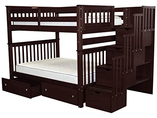 Bedz King Stairway Bunk Beds Full Over Full With 4 Drawers In The Steps And 2 Under Bed Drawers, Dark Cherry #TOP3
