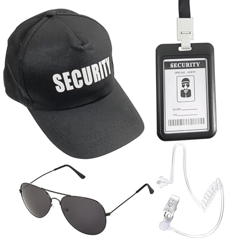 EaciTown Agent Costume Halloween Security Service Outfit Accessory Secret Spy Costume Props Hat Sunglasses ID card Fake Earpiece Set of 4