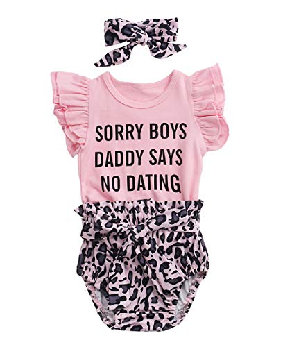 Image of Newborn Baby Girls Clothes Daddy Saying Top Printed T-Shirt Leopard Pants+Headband Sweatshirt Outfit Set