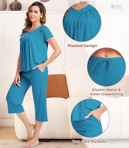 Image of NACHILA Pajamas for Women-Viscose Made from Bamboo, Short Sleeve Sleepwear Soft Capri Pants Pajama Set Pleated Loungewear
