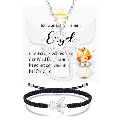Henjunu Pulsera Ángel de la Guarda Mujer Plata (ajustable), Collar Ángel de la Guarda para Niñas, Regalo de Comunión para Niñas, Set de Joyería Ángel de la Guarda con Tarjeta + Caja de Regalo